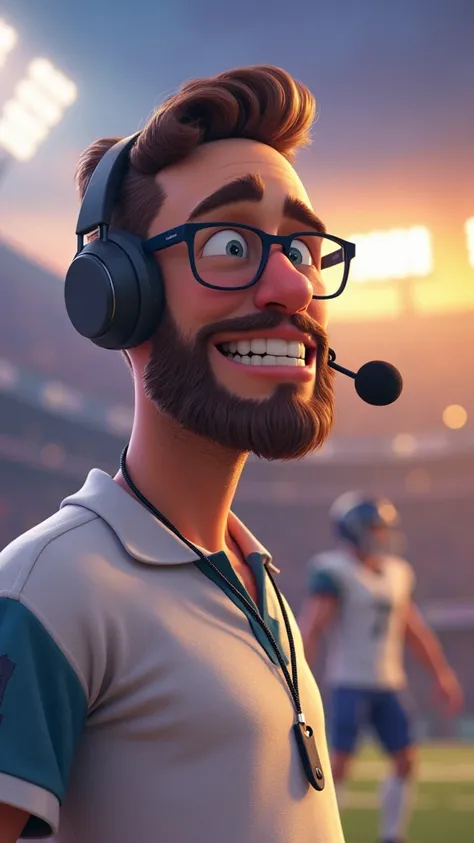 man with a small beard with a mustache and wears glasses with a slightly dark color with a slightly round face, pixar version. Man with a beard, smiling with a headset and a football-themed background.


