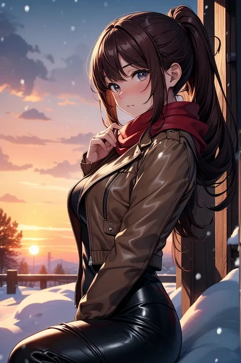 ((masterpiece, best quality:1.3, high detail)), beautiful woman leaning to the side, looking at viewer, long hair, (dark red brown hair, ponytail hair), full-face blush, solo focus, one person, (brown jacket, white blouse, red scarf, (long black skirt), lo...