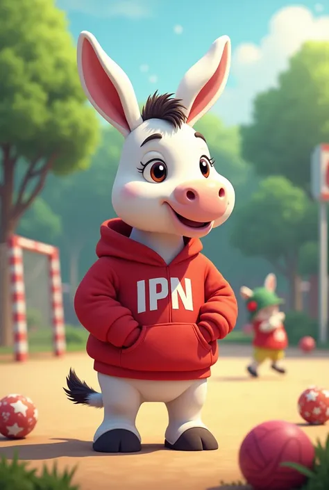 I need you to base yourself on the mascot of the polytechnic (  a white donkey with a hoddie cherry with the IPN )And make me an image where the mascot is spending its free time in a recreational sports area . Just like it should have the CECyT 2 logo in a...