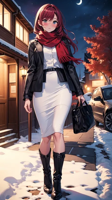 ((masterpiece, best quality:1.3, high detail)), beautiful woman, looking at viewer, long hair, (maroon hair), full-face blush, solo focus, one person, (brown jacket, white blouse, red scarf, (long black pencil ((skirt))), long pencil skirt, boots, outdoors...