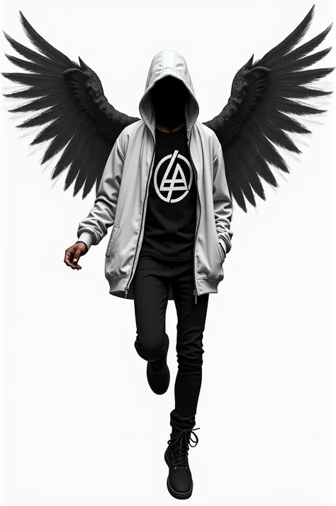 Make a person levitating with black and white wings on their back ,  a hoodie with wings and that hoodie is white minus a face that is totally black , And this person has a black shirt written Linkin Park and he has black pants and everything as if it were...