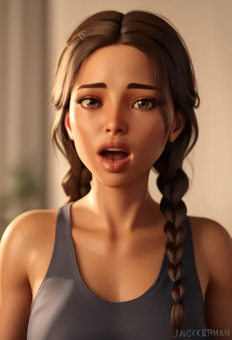 score_9, score_8_up, score_7_up, absurdres, BREAK PONYXL_STYLE_Jackerman_ownwaifu, 1girl, long hair, open mouth, brown hair, bare shoulders, upper body, teeth, blurry background, parted lips, realistic, collarbone, braid, twin braids, tank top, brown eyes,...