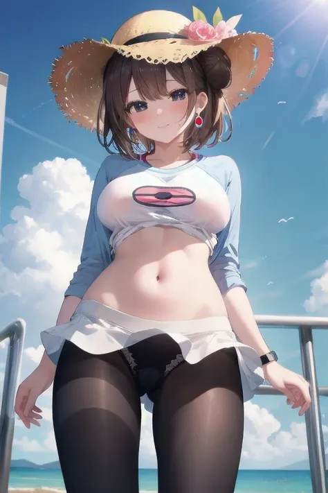 masterpiece,  are of the best quality,  high resolution, b1, Hair Bun,  brown hair  ,   black eyes,  black pantyhose , raglan sleeves,  shirt, 乳首がshirtから透けて見える、Pink Ribbon, watch,  to a standing,  cowboy shooting, Place,  Monster Ball  (Basic ),  grins 、(R...