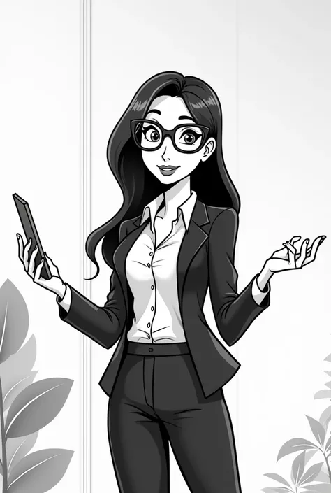 Create an animated black and white image of a female business administrator without glasses and in cartoon mode 
