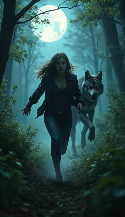 The Desperate Escape :  Laura runs through the forest ,  her face marked by panic . Behind her,  the werewolf is visible among the trees ,  with fast and chaotic movements .  Hyperrealistic details show branches being crushed under their feet and the moonl...