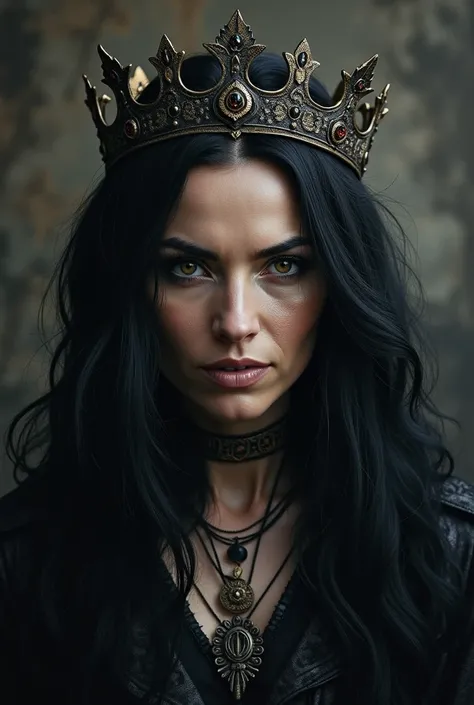 I need you to generate a design for a tattoo ,  where a middle-aged female witch appears  , looking towards the center , with long, loose black hair with a crown   , Where you can see the faces to be able to do it in a tattoo and darker like black work .