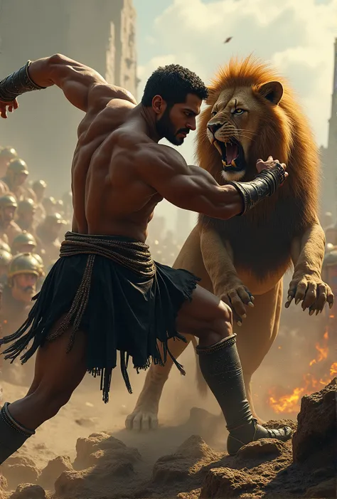 A muscular man with a lion, a Roman-style black costume, a battlefield, illustrations on cards bordered by gold arabesques, detailed intricate designs, award-winning, cinematic lighting, chiaroscuro, fighting pose, epic fantasy, dramatic shadows, photoreal...