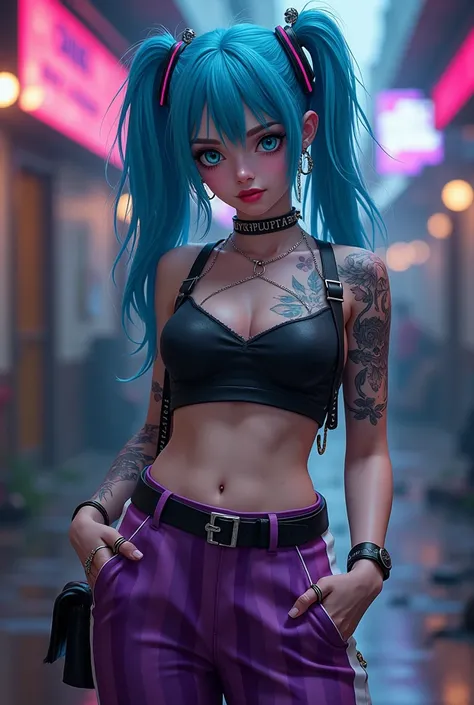  score_9,  score_8_above,  score_7_above, score_9,  score_8_above,  score_7_above, 1 girl, ,  blue hair, pale skin, shocks, Crop top, Blue eyes, long blue pigtails , tattoo,  purple striped pants,  belt