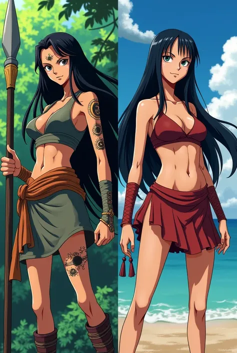  Do the same anime girl twice in the drawing style of One Piece , both images are full body ,  and both girls have black hair , The first time the girl is  and she is a warrior Shandia ,  the second time she is 18 years old and she is in the new world with...