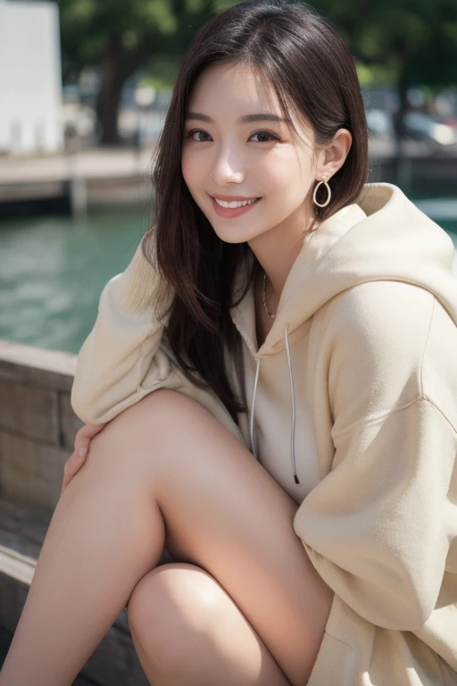  Inhaling Eyes , cute double ,  a woman hugging her favorite stuffed animal at a dolphin show,  harbor seals , Inward-curling short hair, hairpin,  clothes chosen for a date , Talented , Kind personality,  woman who is very particular about the details ,  ...