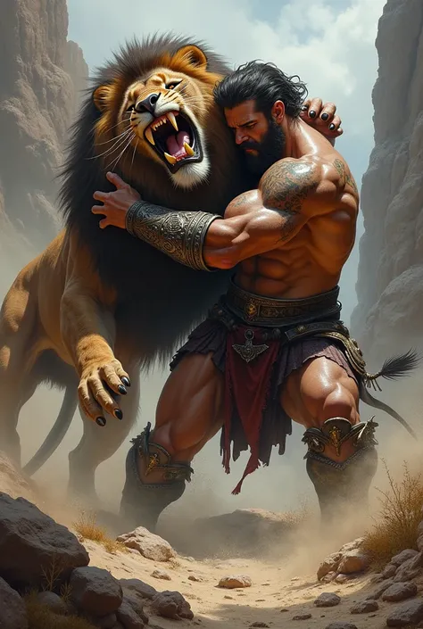 Muscular man in armored armor killing a lion