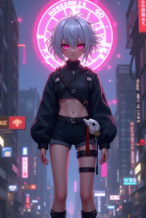 Anime and cyberpunk style with religious symbols. The God of paradox in the form of an boy, with white hair, pink eyes, who wears black clothes and with a bird skull on his hip, who wears shorts and booties.