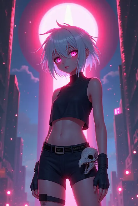 Anime and cyberpunk style with religious symbols. The God of paradox in the form of an boy, with white hair, pink eyes, who wears black clothes and with a bird skull on his hip, who wears shorts and booties.