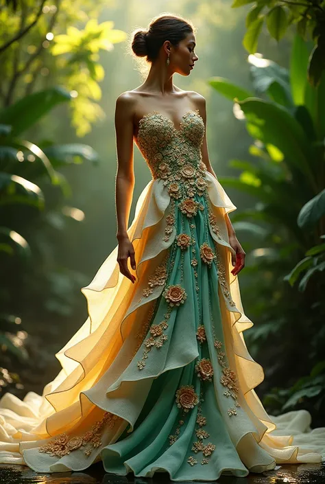 Create a unique haute couture dress design inspired by nature 
