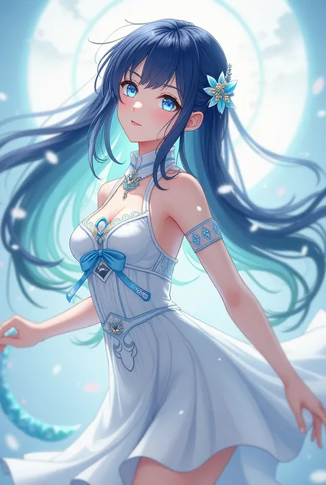  Create a feminine character in mihoyos Star Rail Game art style ,  with the following features  :   long hair fringed navy blue with olive green hair tips , white clothing with light blue details and white heels , with many accessories, with light blue ey...