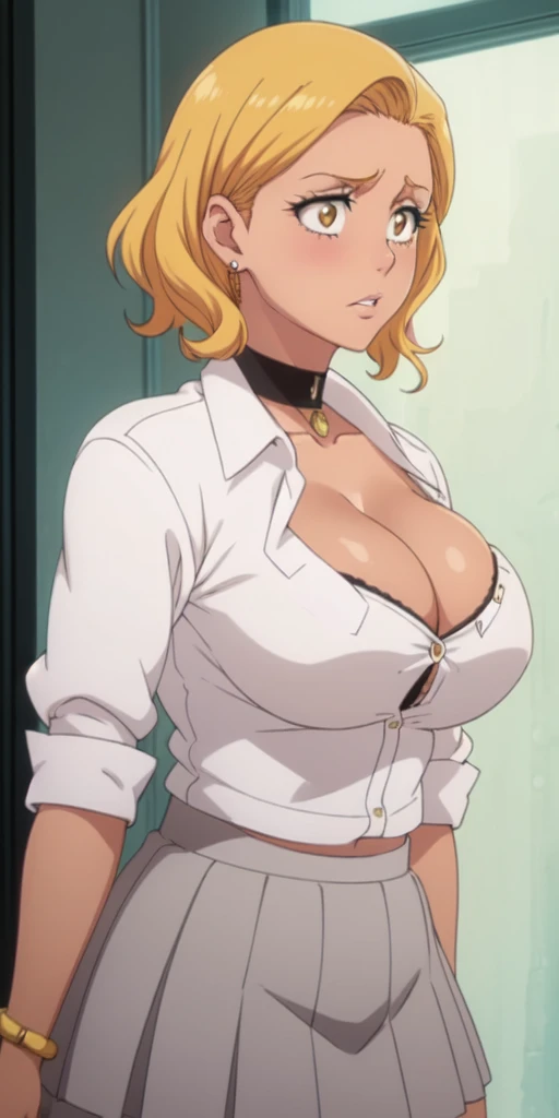 Orihime Inoue,Bleach artstyle,Big breast,Enchanted big breast,Thick lips,((((white school uniform with grey skirt)))),unbuttoned Cleavage,Curvy figure,Plump,Hoopa bracelet,Long nail,Side burn visible,look at viewer,(((bright yellow blond color hair))),((he...