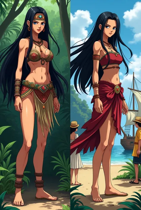  Do the same anime girl twice in the drawing style of One Piece , both images are full body ,  and both girls have black hair ,  the first time the girl is  and she is a Shandia warrior and her clothes are similar to those of the tribe ,  the second time s...