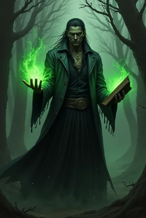  Dark-skinned dark witch man dressed in black clothes,  black leather jacket and black shirt .  With an expression of evil on his face .  He wears a necklace with a pentagram hanging green eyes and dark green energy emanates from his hands and around him t...