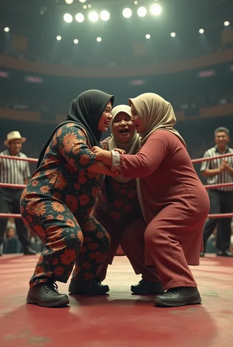 depict hyperrealistic, 3D, high detail, very real, four plump Javanese Asian mothers wearing hijabs, wearing floral motif housedresses, wearing wrestling shoes, action focused on wrestling against each other & fighting, (staring at each other fiercely), (t...