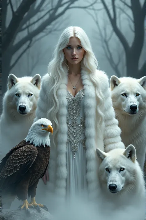  Bust of a beautiful woman with long flowing white hair ,  wears animal fur in the color white and with details on the silver coat ,  in the background a dense white mist surrounding the dark and dark scenery and with some dry tree branches visible around ...