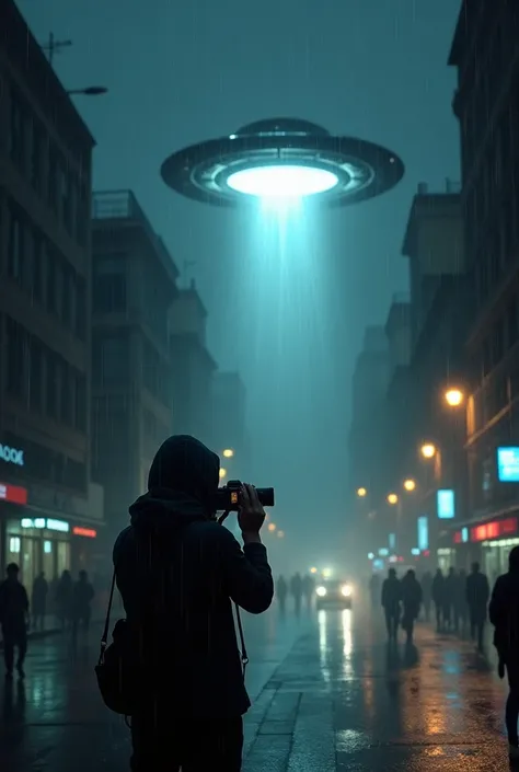 Night and rain in the city and a hidden man filming a UFO that was flying over the city looking for people the UFO was flying low 