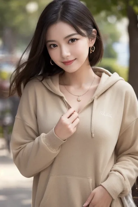  Inhaling Eyes , cute double , Woman hugging her favorite stuffed animal in a park near the sea, plush harbor seal , Inward-curling short hair, hairpin,  clothes chosen for a date , Talented , Kind personality,  woman who is very particular about the detai...