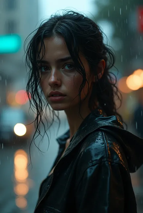 Camila, drenched and exhausted, stands under the dark clouds of a relentless storm, wearing a casual rain-soaked outfit, the bustling yet empty streets of a modern city in the background, close-up of her face with rain streaming down, hyper-realistic, phot...