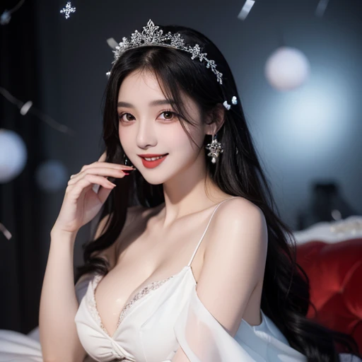 Women, vampire, beautiful,  black hair,  white skin ,  black dress, sexy, snowflakes falling around, High quality,  flirty smile, red eyes,  big breasts