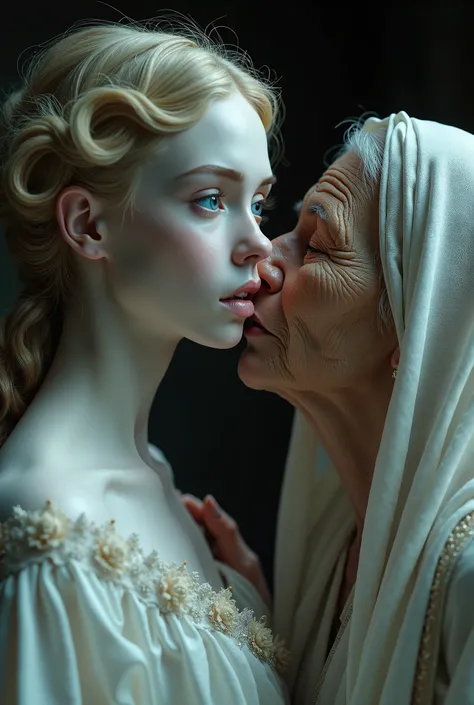  (photorealism:1.2), The long and thin throat of the beautiful blonde-haired white-skinned blue-eyed scared goddess neck is kissed by old Arab woman