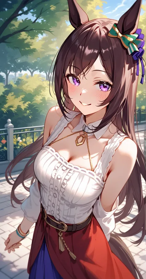 1girl,black hair,purple eyes,horse girl,long hair
BREAK
mejiro dober (umamusume) ,25 year old woman、medium breasts、cleavage,sexy Lip,Moist eyes、Gentle eyes、Gentle look,looking at viewer ,smile,blush
BREAK
high definition , masterpiece,  anatomically correc...