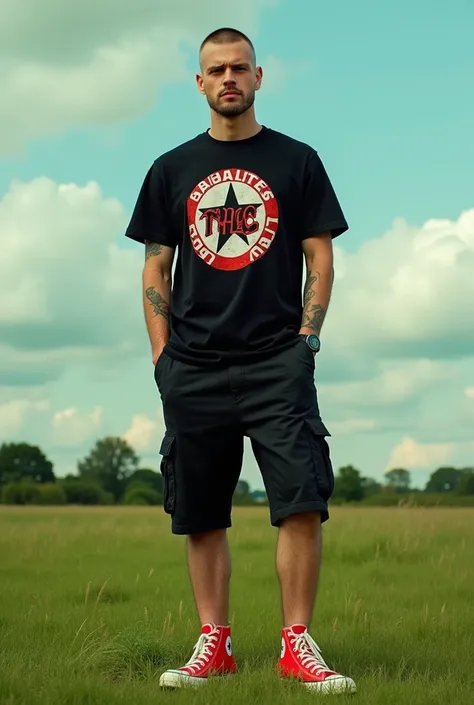 30 year old england man with buzzcut hair style, wearing a black t-shirt with a picture of the band The Casualties, wearing black cargo shorts, wearing red Converse shoes, posing standing on green grass, colored tones.