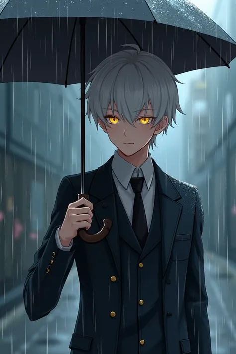 Young man with white hair with golden eyes school uniform handing over an umbrella in the rain