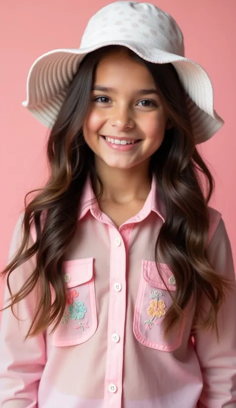 A young woman with long, dark brown, wavy hair, wearing a pastel pink sheer button-down shirt with embroidered pastel-colored designs and a white polka-dot sun hat, against a pale pink background, with a focus on soft lighting and a sweet, innocent aesthet...