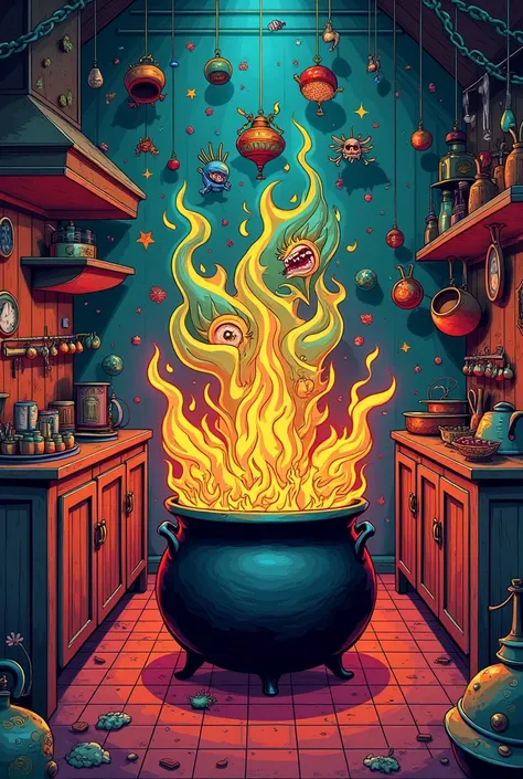 Pop art poster Burning Cauldron generating fantastic creatures and stories in an old kitchen 