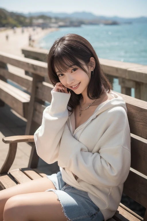  Inhaling Eyes , cute double ,  woman hugging her favorite stuffed animal in a park near the ocean,  sitting on a bench, One-knotted shorthair , hairpin,  clothes chosen for a date , Talented , Kind personality,  woman who is very particular about the deta...