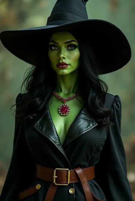 Elphaba de Wicked, Being a good witch , beautiful,  black hair,  variation of clothes she would wear, trusting , green skin , black clothes,  jacket with leather details , Brown leather belt, com fivela dourada, Without being dressed as a witch,  wearing r...