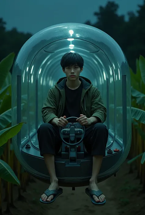 Japanese male, 20 years old, black shaved hair,Army green parka jacket,Black casual t-shirt as the undergarment,Black 3/4 pants,Flip-flops,Sitting inside a floating transparent round capsule,Foot are inside,Holding some kind of fighter plane steering wheel...