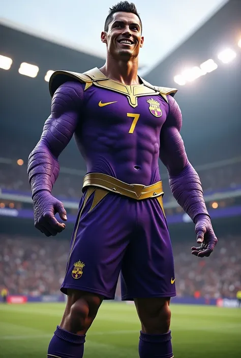 "Imagine purple Cristiano Ronaldo jersey 7 merged with Thanos:  the imposing figure of Ronaldo with the confident smile contrasting with the purple skin and powerful armor of Thanos .  Ronaldos sculpted muscles combined with Thanos dominant posture create ...