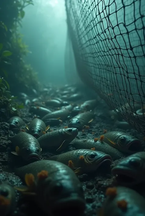 Subject: a realistic image in which horde of fishes are being suffocated by a fishnet in the river of Bangladesh 

Muted Color Palette: The color grading is predominantly desaturated with cool tones (blue, grey), creating a cold, dramatic atmosphere. There...