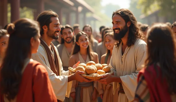 Jesus is in a crowded village square, handing out bread to a group of ren. His expression is one of gentle kindness, while the ren look up with bright smiles and gratitude. Nearby, disciples and villagers, including elders and parents, watch with admiratio...