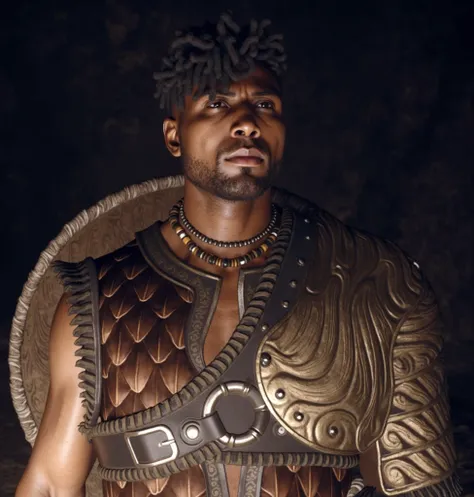 a warrior black man, with dread , a sword and an armor