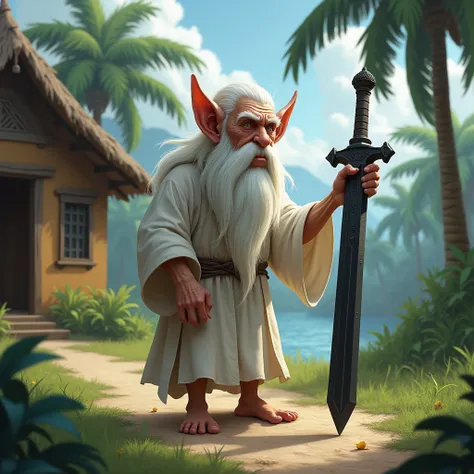 Old Medieval Sage, elf ears, hunchback, monolith eyes,  short stature,  holding a black sword in their hand,  with smooth long white hair and long white beard, thin, white pele, Wearing a white tunic,  in front of a wooden house , Terrain with coconut tree...