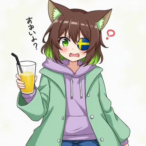 female, short, brown hair with green highlights, lavender colored hoodie, mint green overcoat, y2k jeans, cat ears, green to magenta gradient eyes, nervous, swedish flag eyepatch on right eye, small black liquid leaking near eyepatch, holding a clear glass...