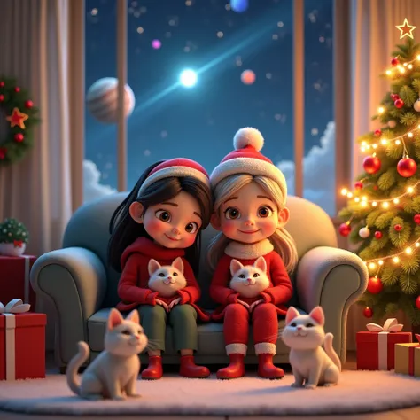  Create an animation of a Christmas space with a mother, daughter and grandmother and cats  