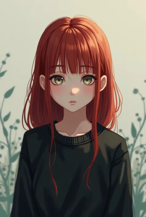  lenses creates an image of a girl with straight and reddish hair, She has an introverted heteroktomy  (different eye color), introverted and wearing , black sweater,  digital illustration 