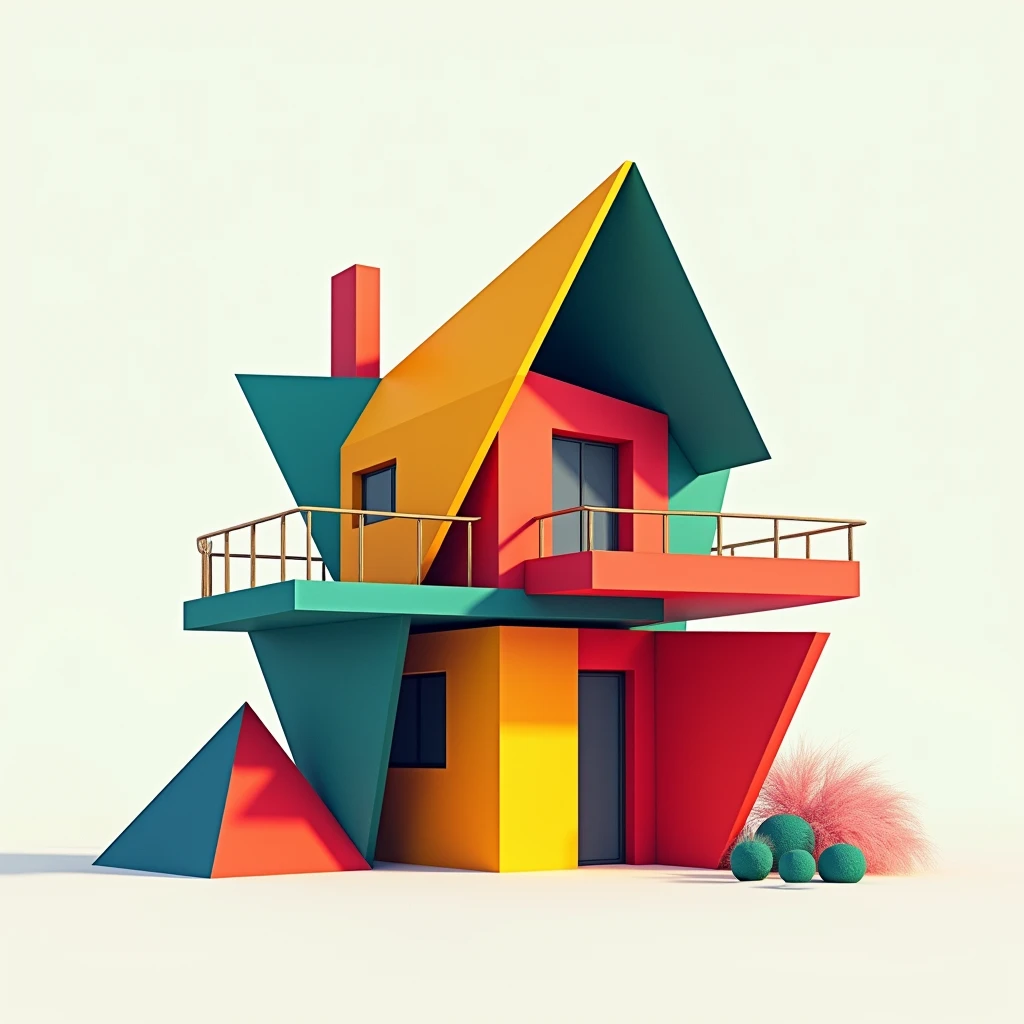 Create a house using geometric shapes, make it unique and colorful.