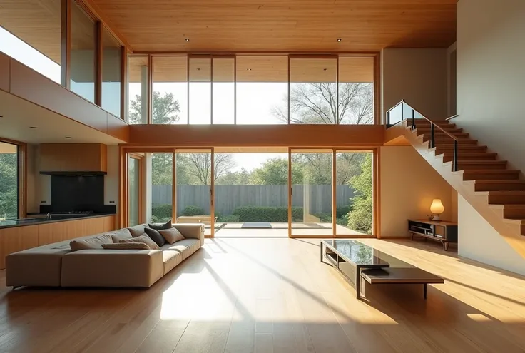 A realistic photo of a modern Japanese home interior showcasing an ideal open-concept floor plan. The space features a spacious living room with large windows, a connected dining area, and a sleek kitchen with natural wood finishes. Sliding doors lead to a...