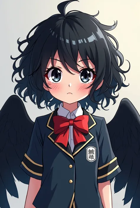  A Boku no Hero Academia style character 
A girl with a slim build , black hair and quite curly , completely white eyes and long eyelashes with their normal uniform and large black wings sticking out of their back

