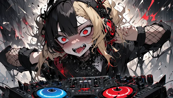 The Demon Kings Room、 DJ controller , hair accessories, earrings, headphones, Half-angel , half-demon, black and blonde mesh color hair, droopy eyes, cross-eyed, ahegao, Gothic punk, Sad face, watery eyes, red eyes, two-tone black and blonde hair , cross-e...