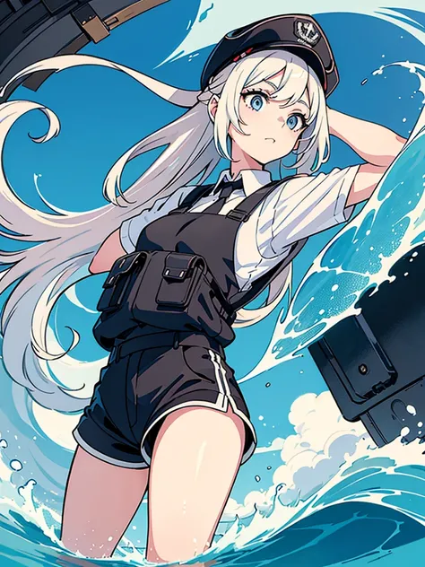 can you generate an image:manga style a young girl () with long white hair, she wears a backwards cap, a black bulletproof vest, mini micro shorts, she surfs